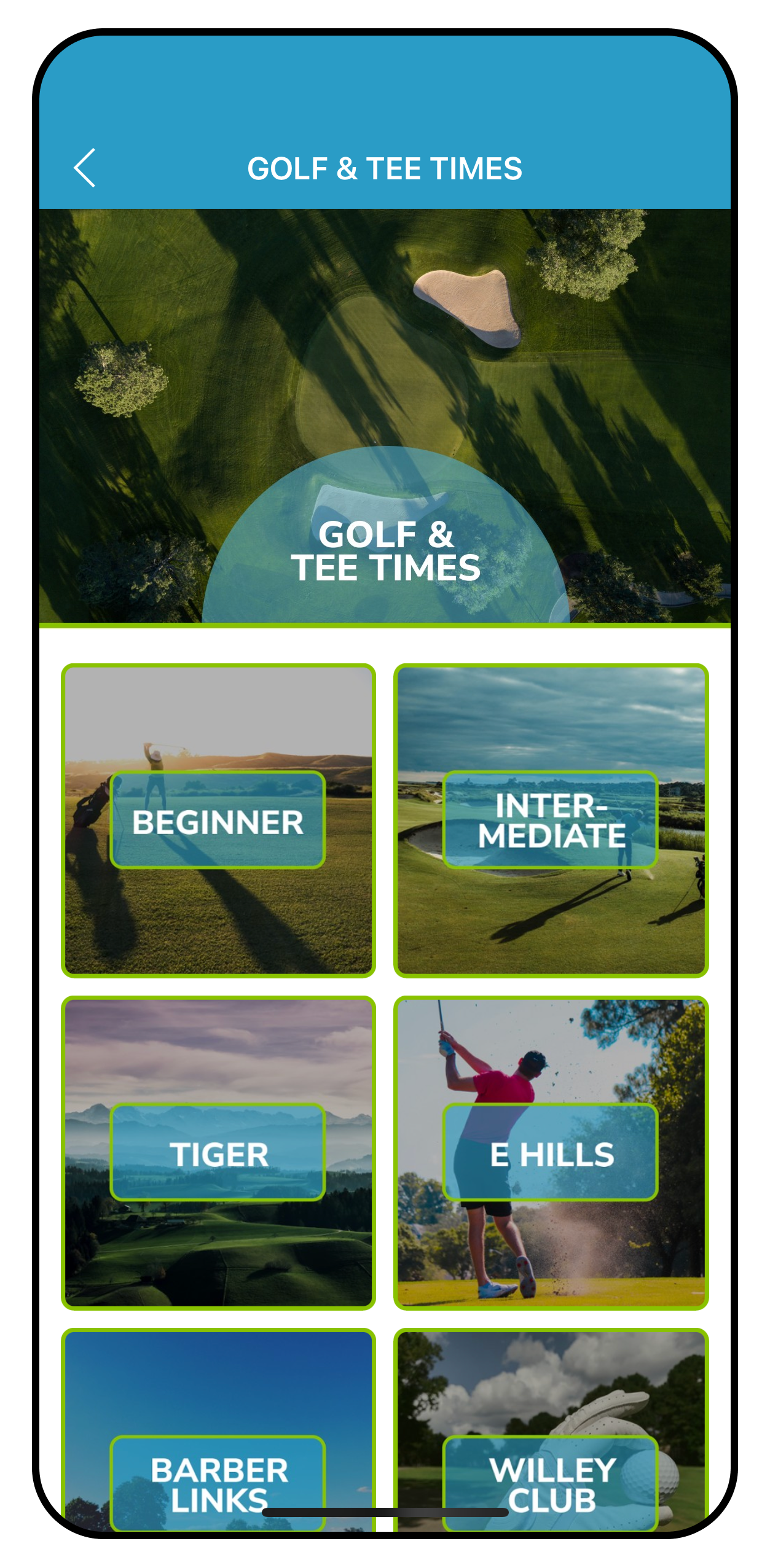 Golf and tee times app screen