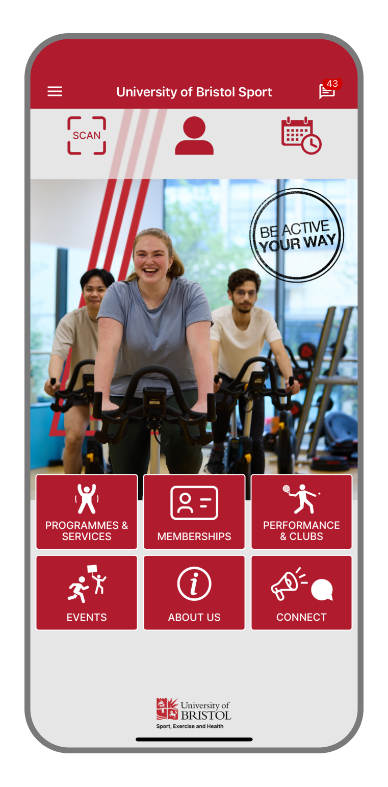 University of bristol sport app home screen